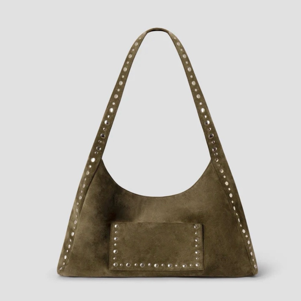 Gimaguas Silver Studded Suede Maxi Franca Shoulder Bag in green khaki NEW UNUSED - Picture 9 of 11